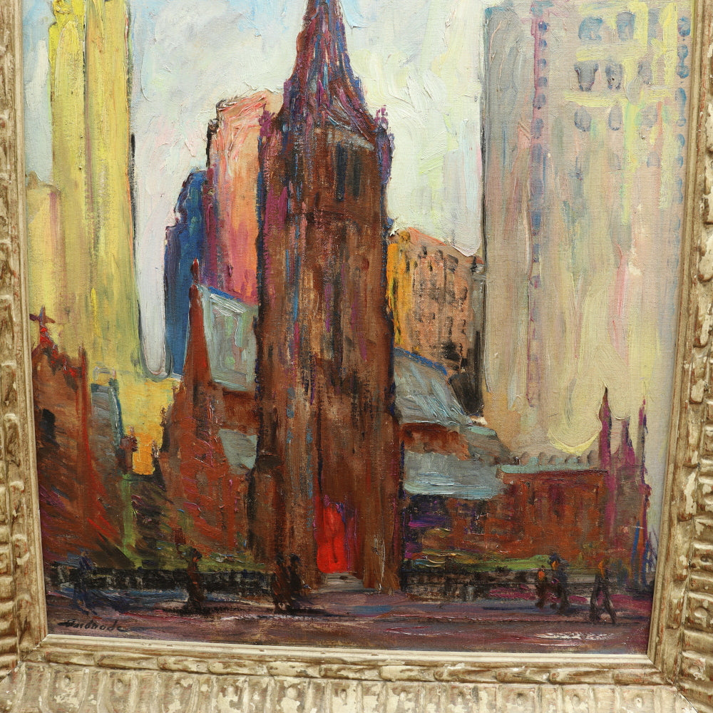 AW616: Mary Andrade St. Marks Church Philadelphia Oil on Board Painting Mid 20th Century