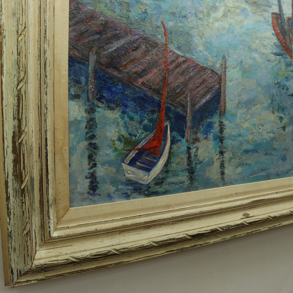 AW647: Mid Century Modernist Oil on Board Sailboats Painting RR Grill '58