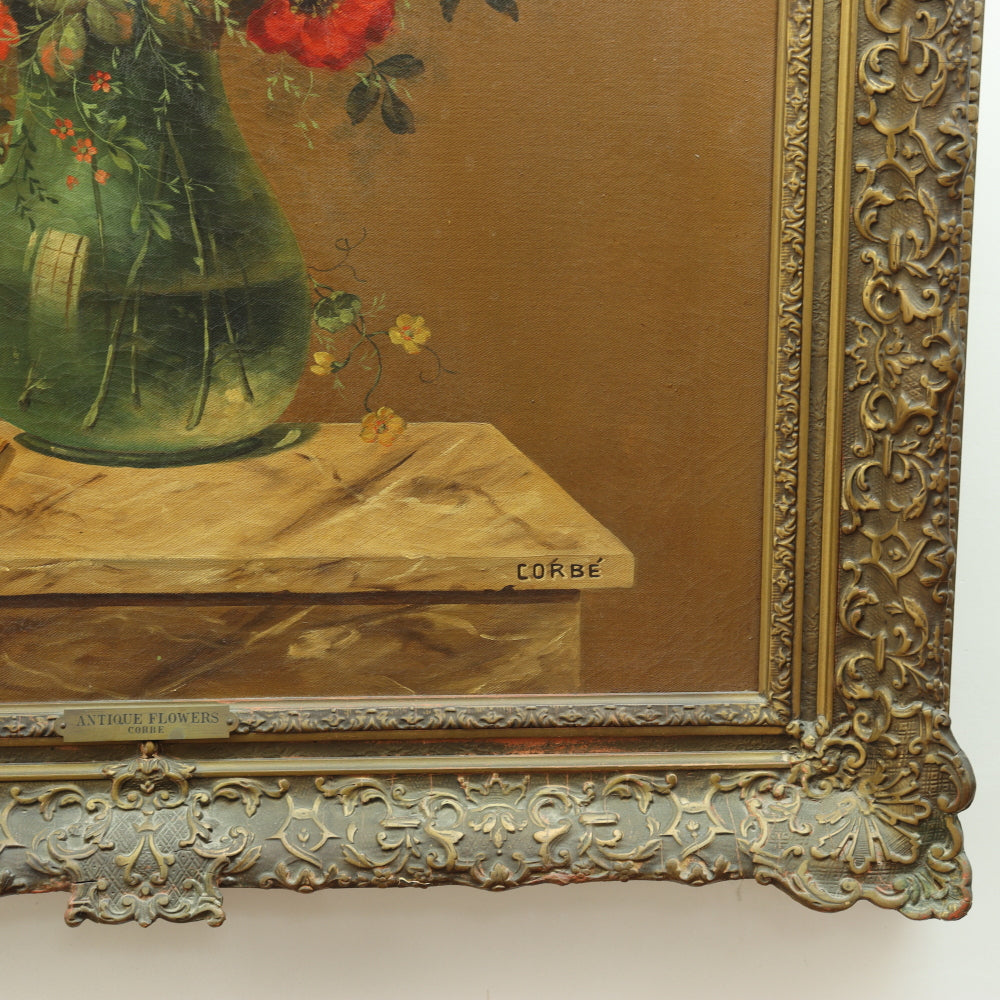 AW648: 19th C Floral Still Life Signed CORBE Oil on Canvas