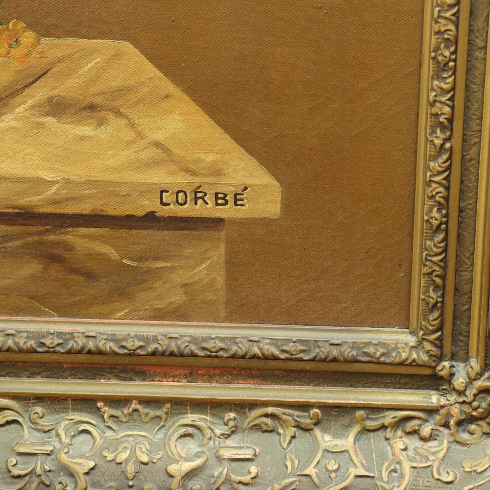 AW648: 19th C Floral Still Life Signed CORBE Oil on Canvas