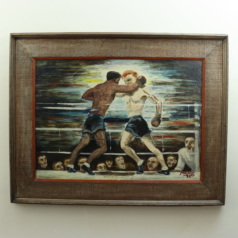 AW649: WPA Modernist Oil on Canvas Painting of Boxers in Ring Signed "P deJong 42"