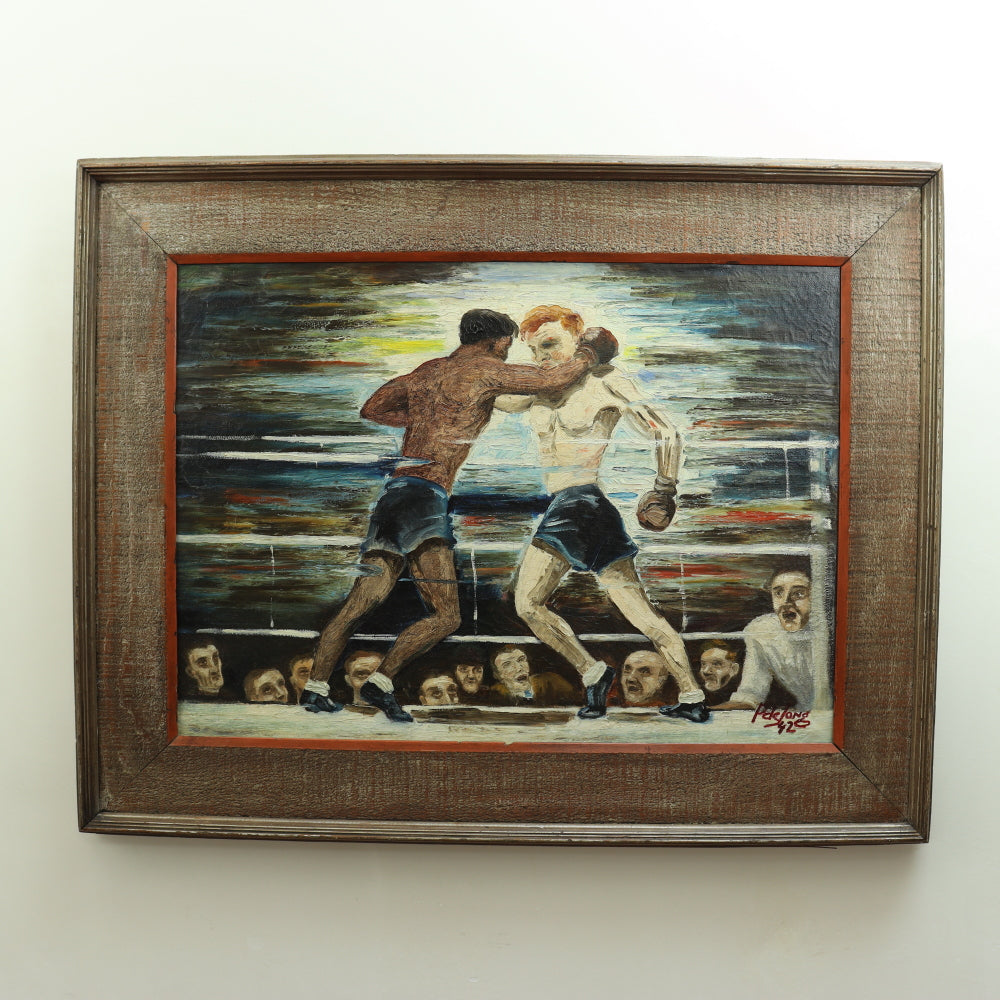 AW649: WPA Modernist Oil on Canvas Painting of Boxers in Ring Signed "P deJong 42"