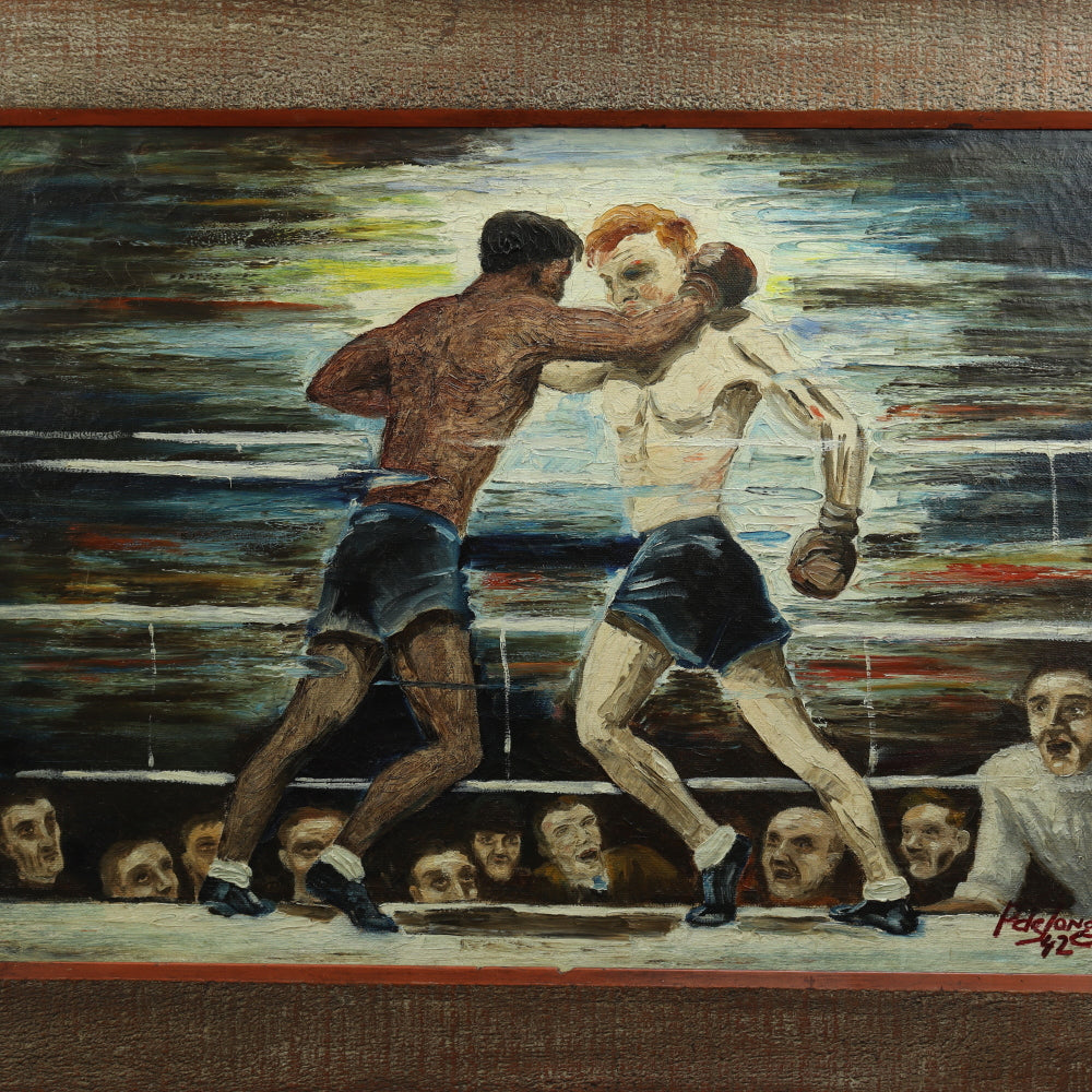 AW649: WPA Modernist Oil on Canvas Painting of Boxers in Ring Signed "P deJong 42"