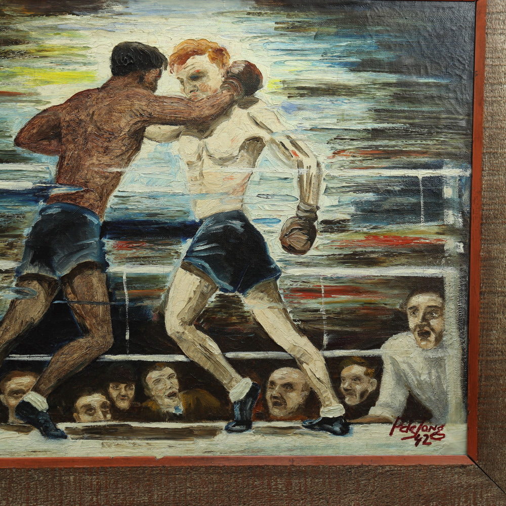 AW649: WPA Modernist Oil on Canvas Painting of Boxers in Ring Signed "P deJong 42"