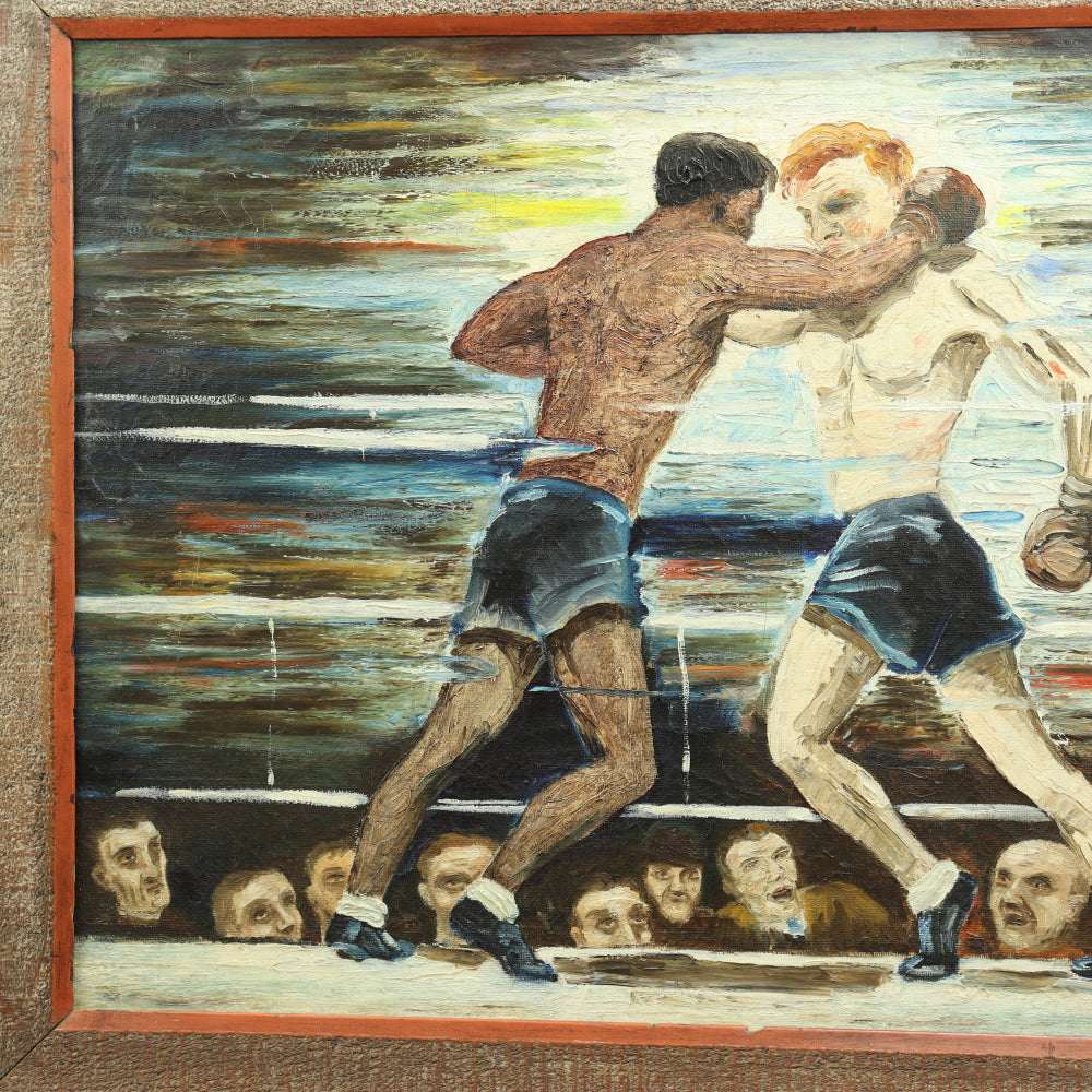 AW649: WPA Modernist Oil on Canvas Painting of Boxers in Ring Signed "P deJong 42"