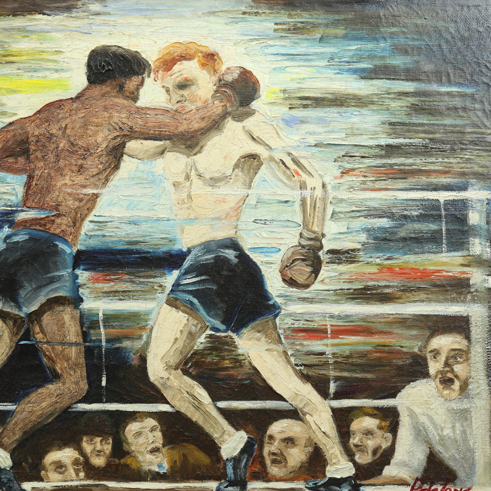 AW649: WPA Modernist Oil on Canvas Painting of Boxers in Ring Signed "P deJong 42"