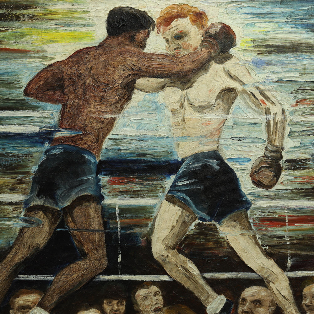 AW649: WPA Modernist Oil on Canvas Painting of Boxers in Ring Signed "P deJong 42"