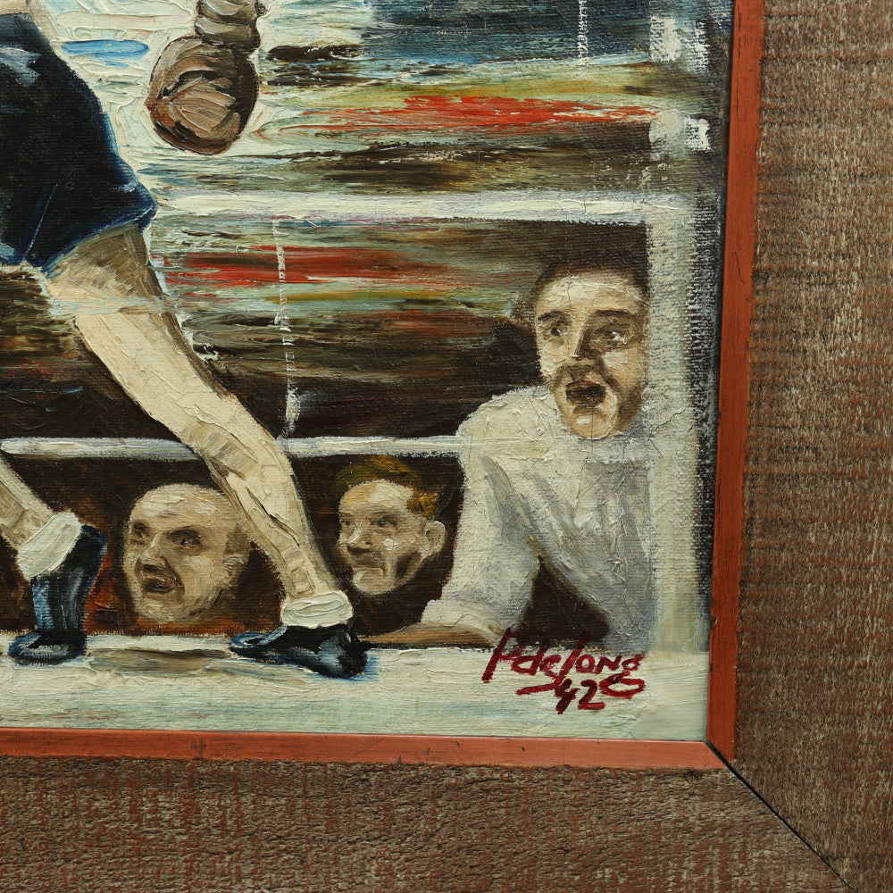 AW649: WPA Modernist Oil on Canvas Painting of Boxers in Ring Signed "P deJong 42"