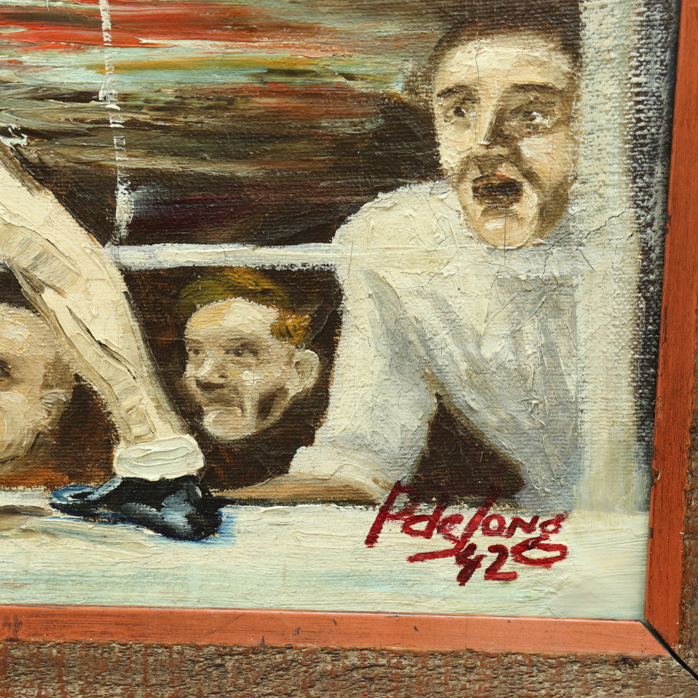 AW649: WPA Modernist Oil on Canvas Painting of Boxers in Ring Signed "P deJong 42"