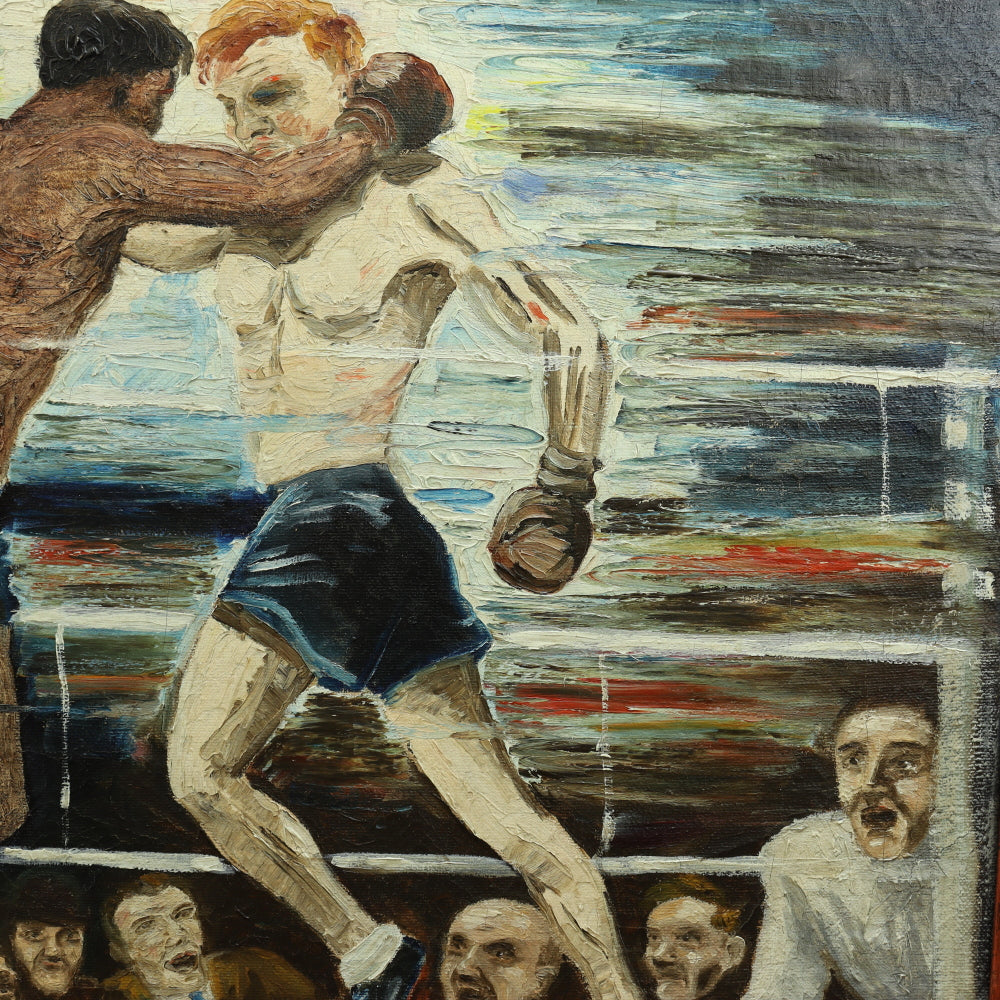 AW649: WPA Modernist Oil on Canvas Painting of Boxers in Ring Signed "P deJong 42"