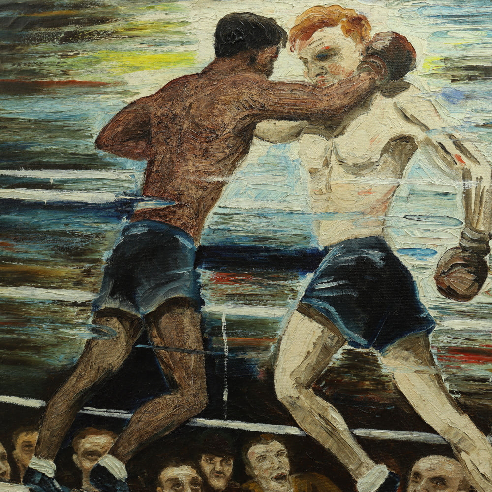 AW649: WPA Modernist Oil on Canvas Painting of Boxers in Ring Signed "P deJong 42"