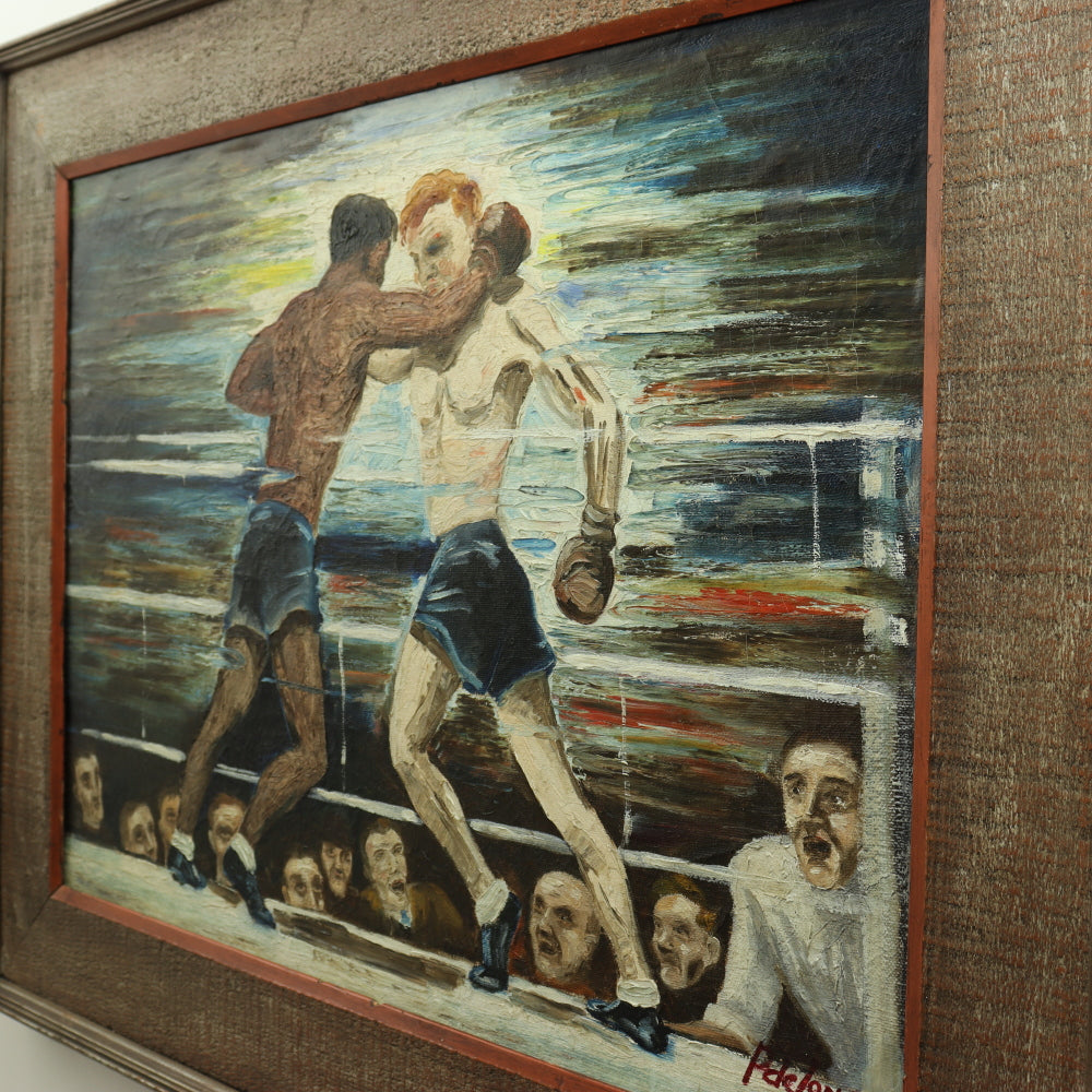 AW649: WPA Modernist Oil on Canvas Painting of Boxers in Ring Signed "P deJong 42"