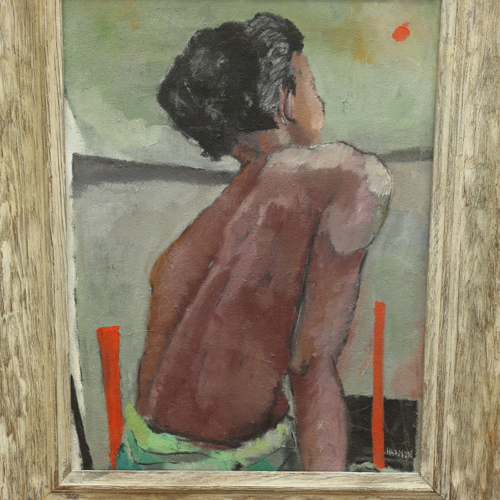 AW652: Mid Century Oil on Canvas Boy at Beach Signed Harmon