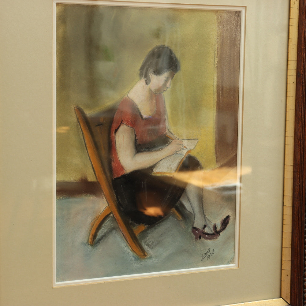 AW5-012: WPA Artist Saul Konner "The Stenographer" Pastel Circle 1928