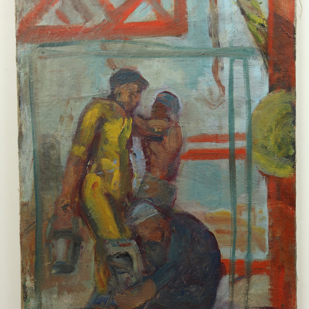 AW656: Circa 1937 Russian Avant Garde Oil on Canvas Painting of Construction Workers V. Viktorovskii