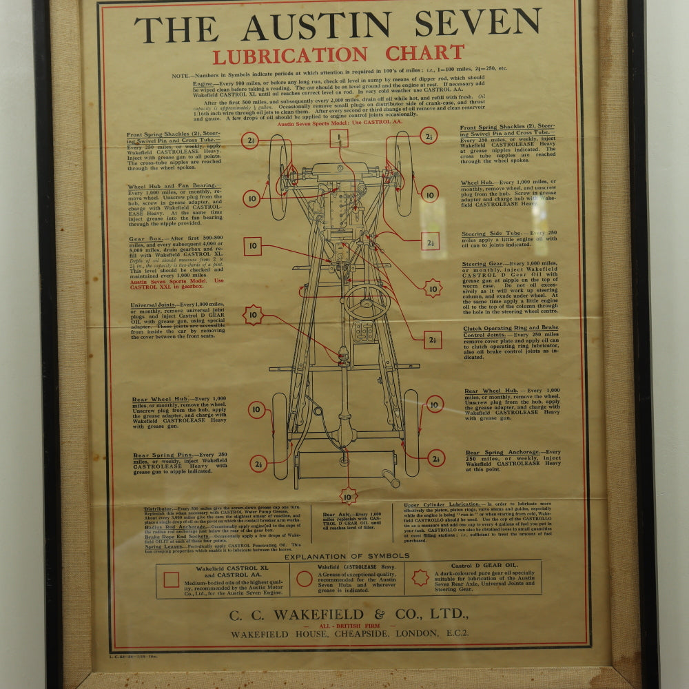 AW8-350: Circa 1920's Austin Seven Lubrication Chart C.C. Wakefield & Co Ltd