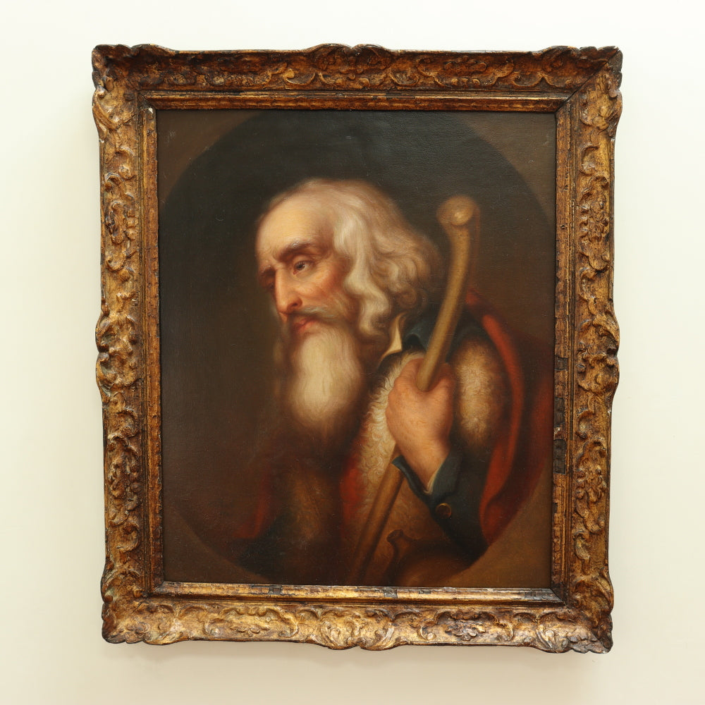 AW670: European School 19th Century Old Master Portrait of Man With Staff - Oil on Canvas