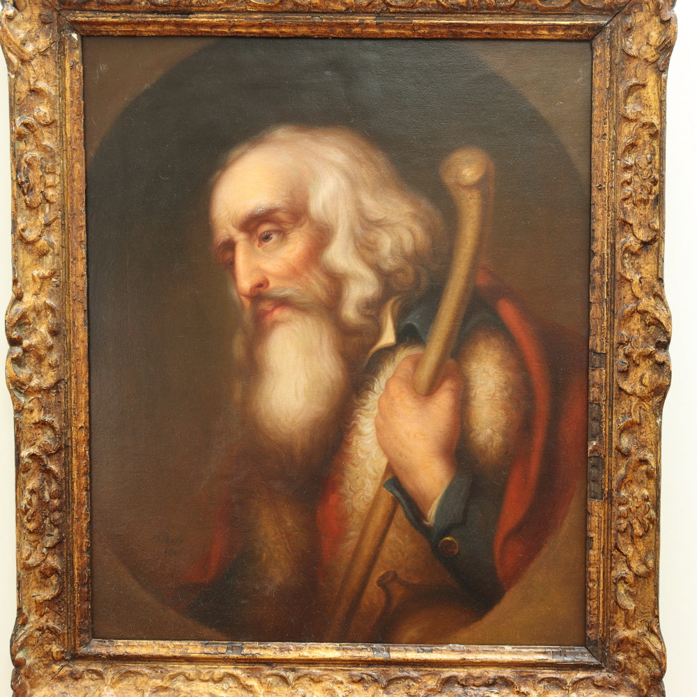 AW670: European School 19th Century Old Master Portrait of Man With Staff - Oil on Canvas