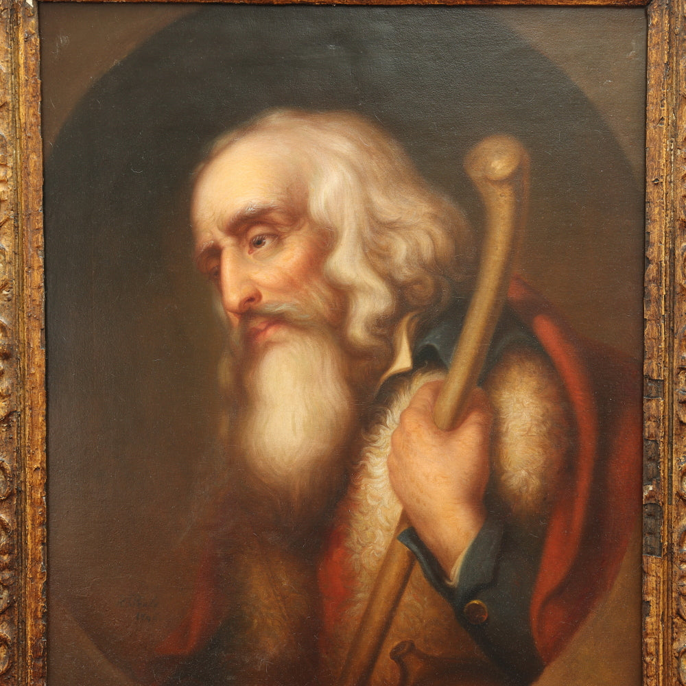 AW670: European School 19th Century Old Master Portrait of Man With Staff - Oil on Canvas