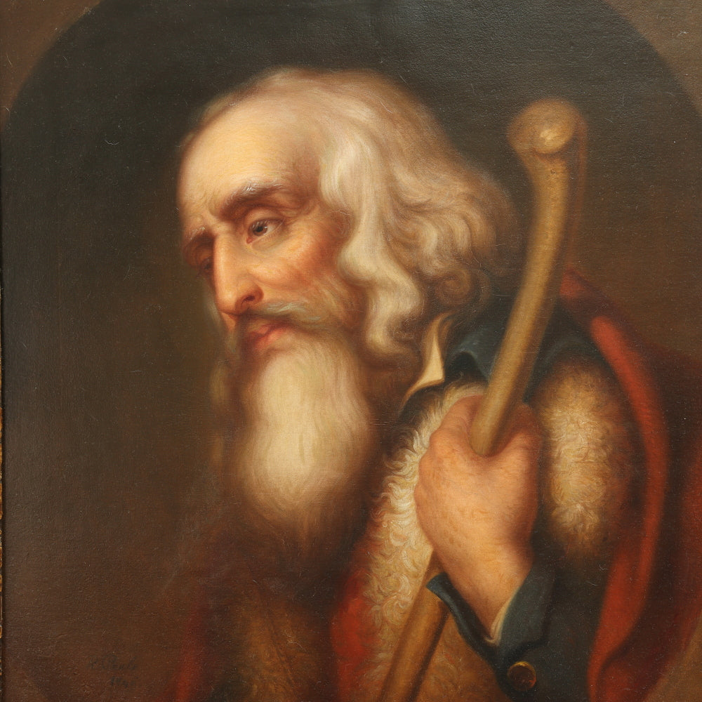 AW670: European School 19th Century Old Master Portrait of Man With Staff - Oil on Canvas