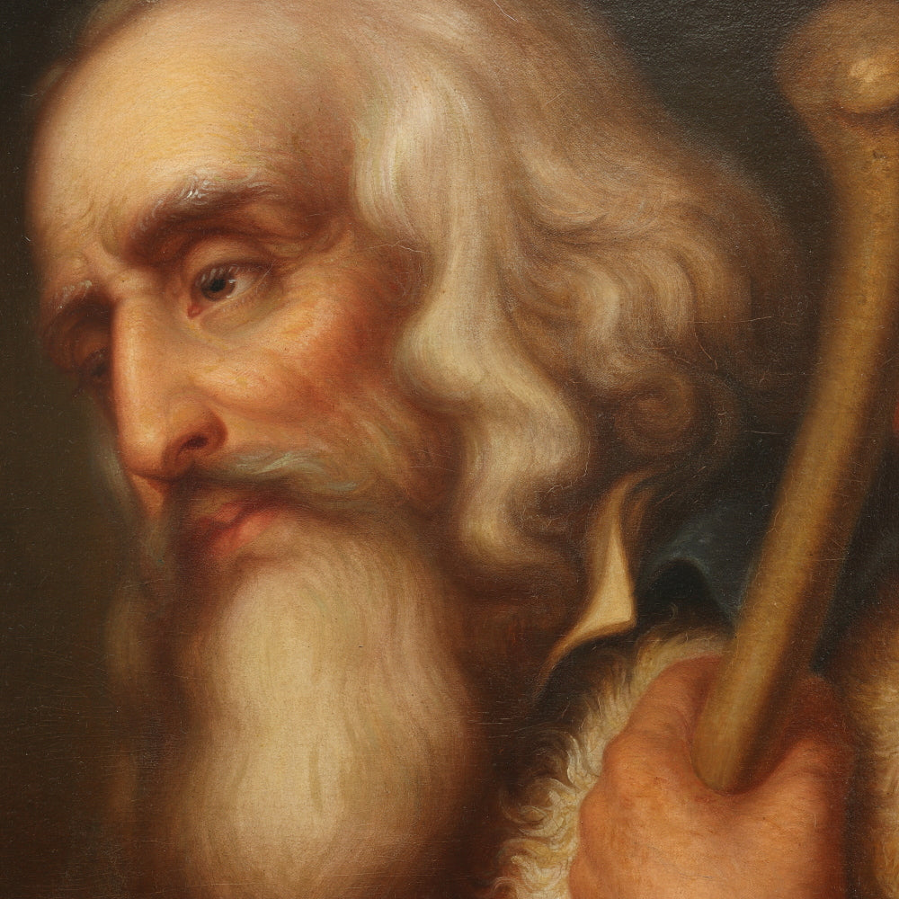 AW670: European School 19th Century Old Master Portrait of Man With Staff - Oil on Canvas