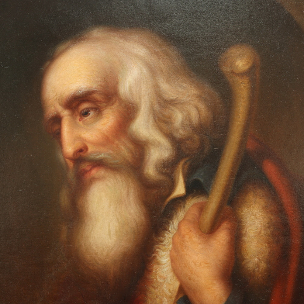 AW670: European School 19th Century Old Master Portrait of Man With Staff - Oil on Canvas