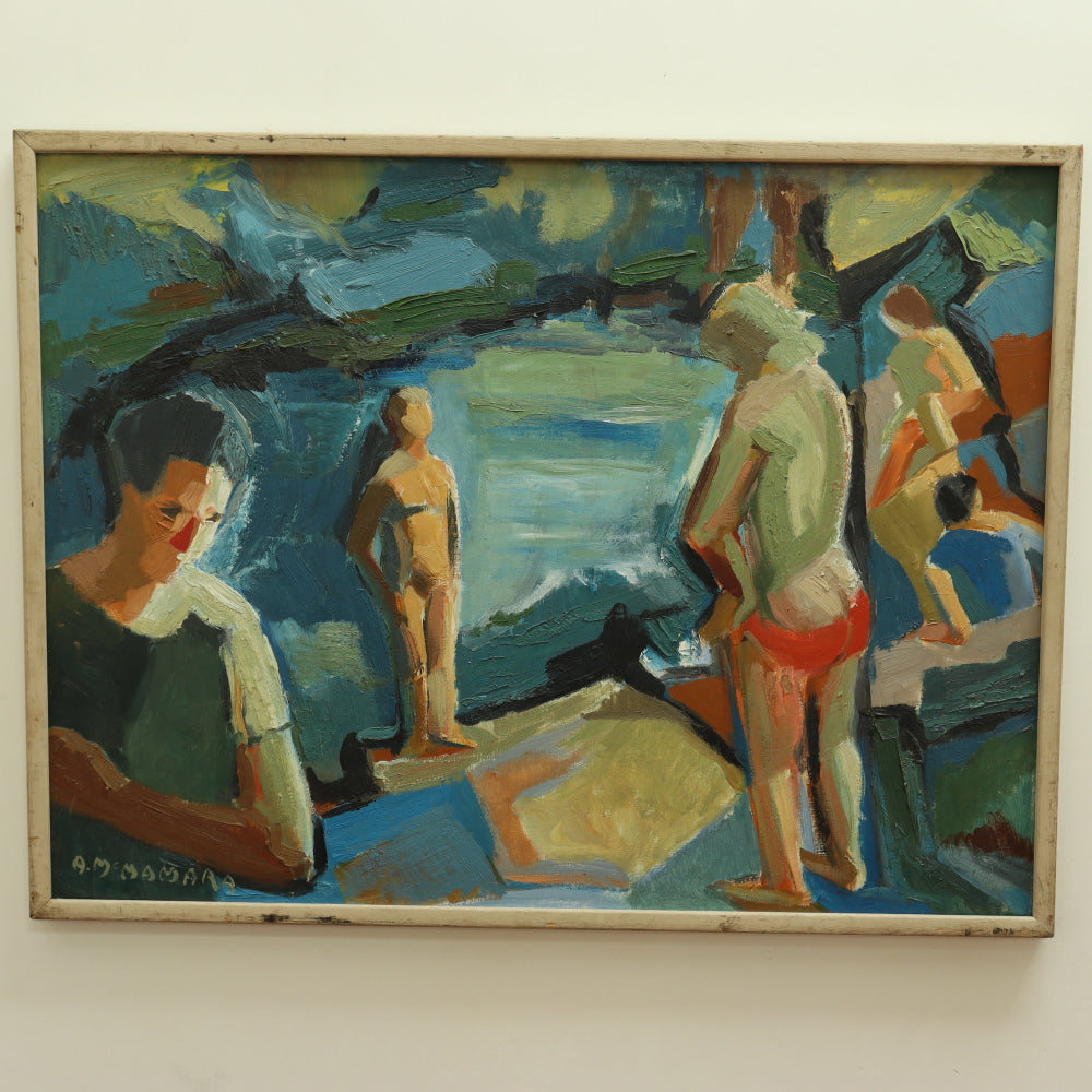 AW672: Alfred McNamara (1911 - 1994) "The Swimming Hole" Oil on Board Mid 20th Century