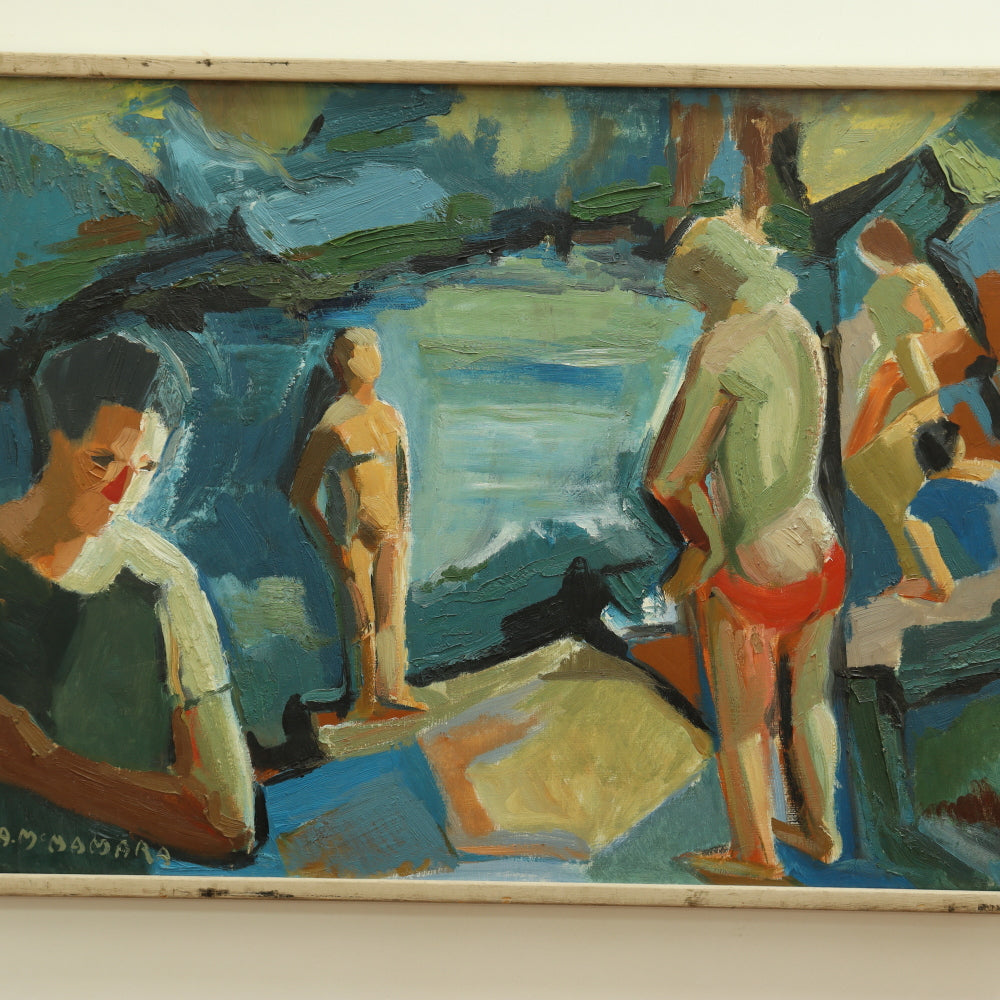 AW672: Alfred McNamara (1911 - 1994) "The Swimming Hole" Oil on Board Mid 20th Century