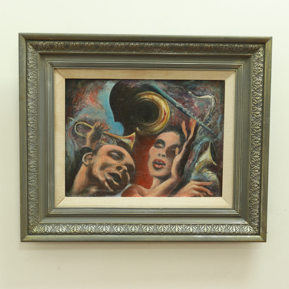 AW674: Ronnie Manty "Jazz Singers" Mid Century Expressionist Oil on Board