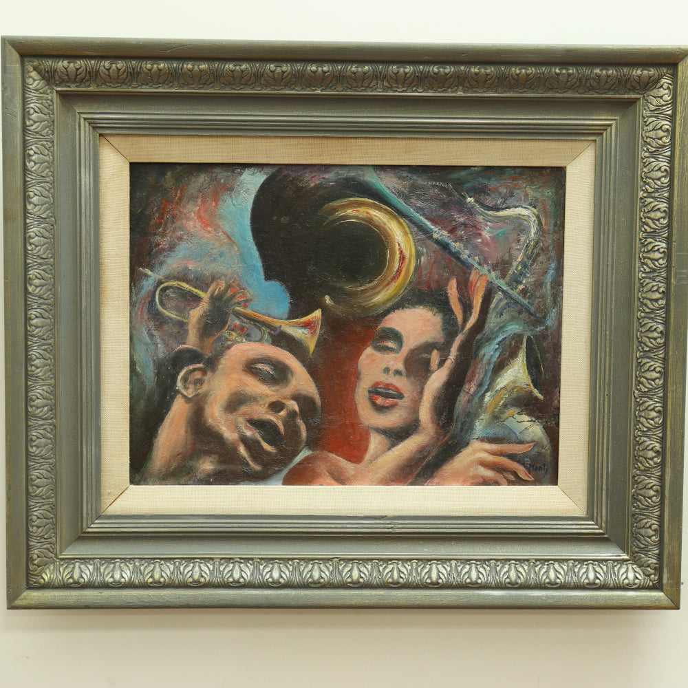 AW674: Ronnie Manty "Jazz Singers" Mid Century Expressionist Oil on Board