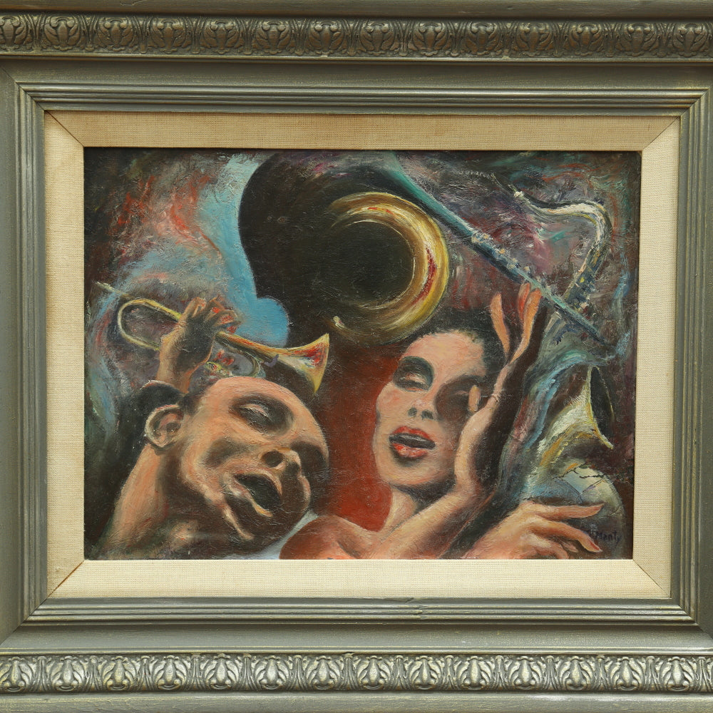 AW674: Ronnie Manty "Jazz Singers" Mid Century Expressionist Oil on Board