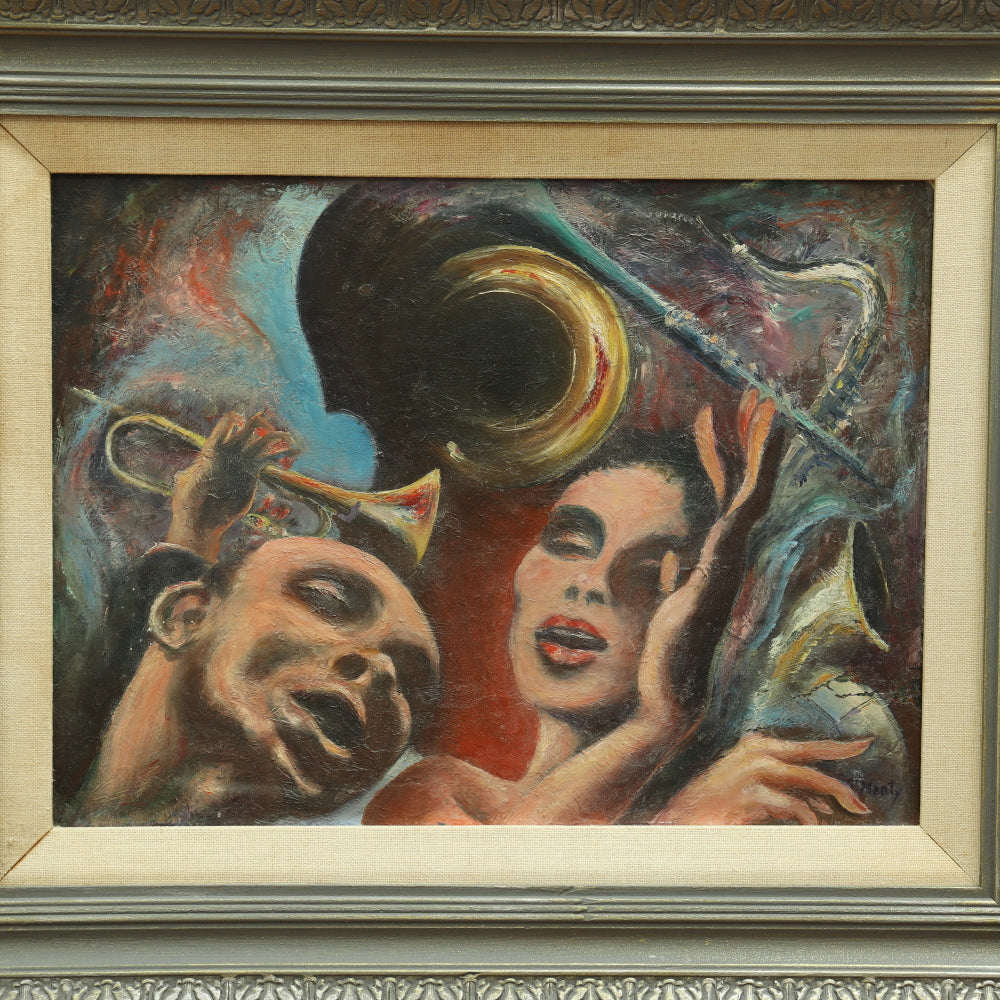 AW674: Ronnie Manty "Jazz Singers" Mid Century Expressionist Oil on Board