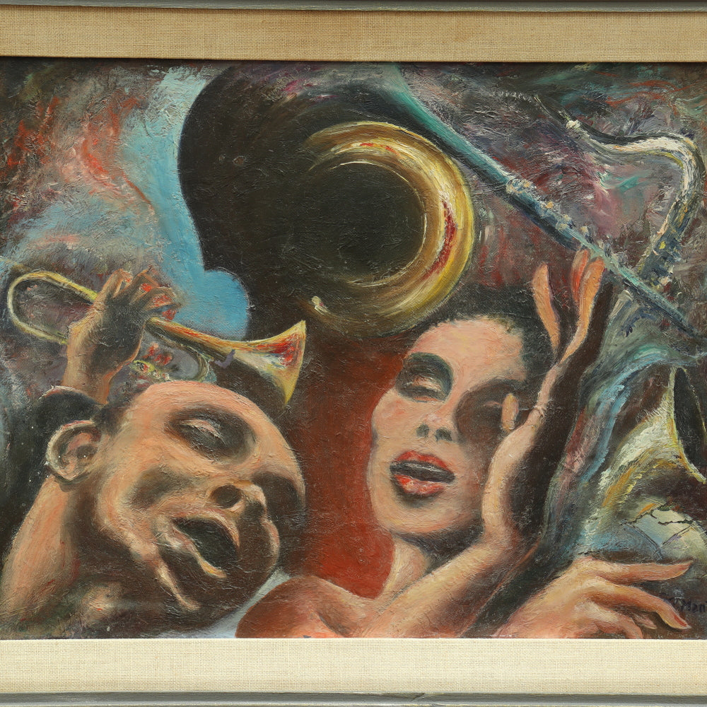 AW674: Ronnie Manty "Jazz Singers" Mid Century Expressionist Oil on Board