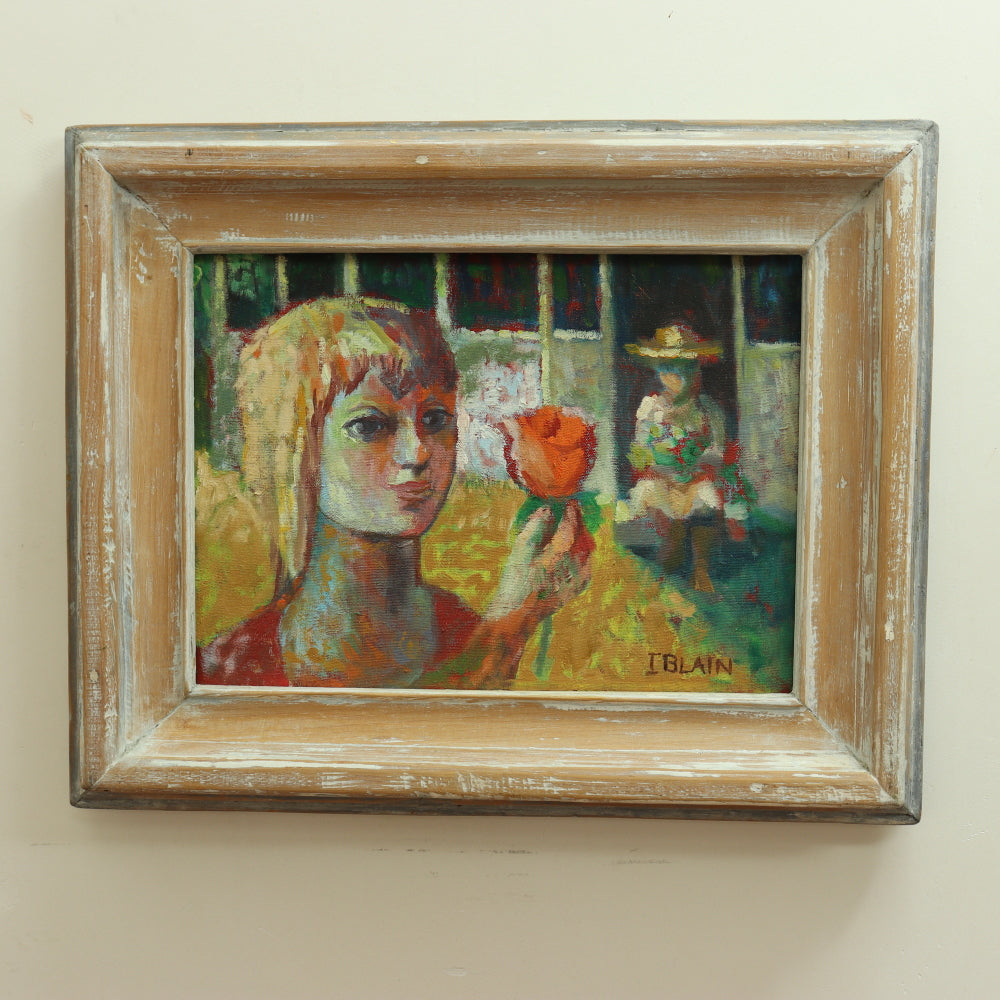 AW676: Circa 1970's English Oil Painting by Iris Blain of "Girl With Flower"