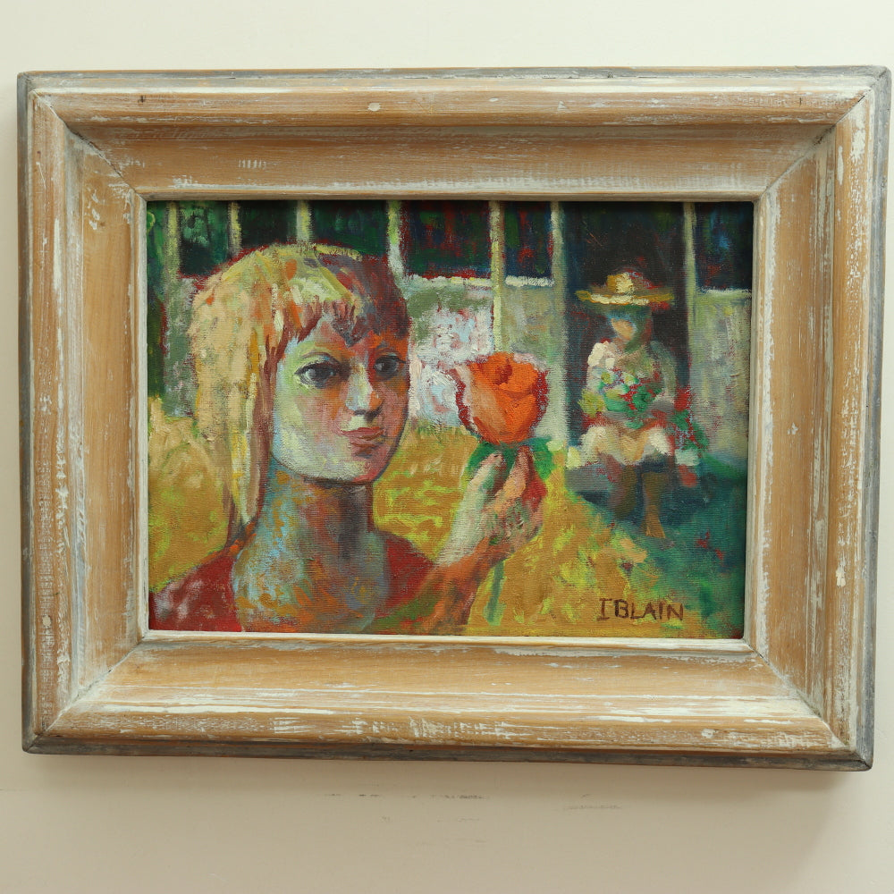 AW676: Circa 1970's English Oil Painting by Iris Blain of "Girl With Flower"