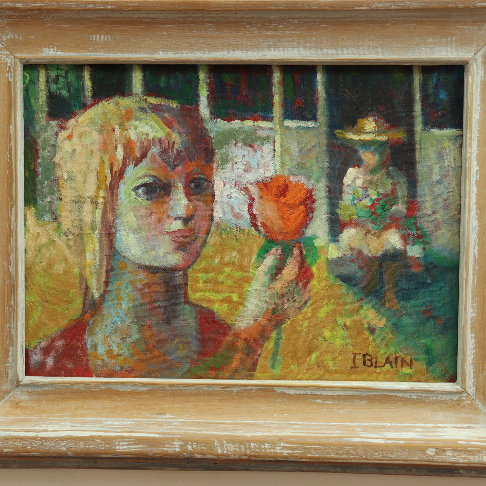 AW676: Circa 1970's English Oil Painting by Iris Blain of "Girl With Flower"