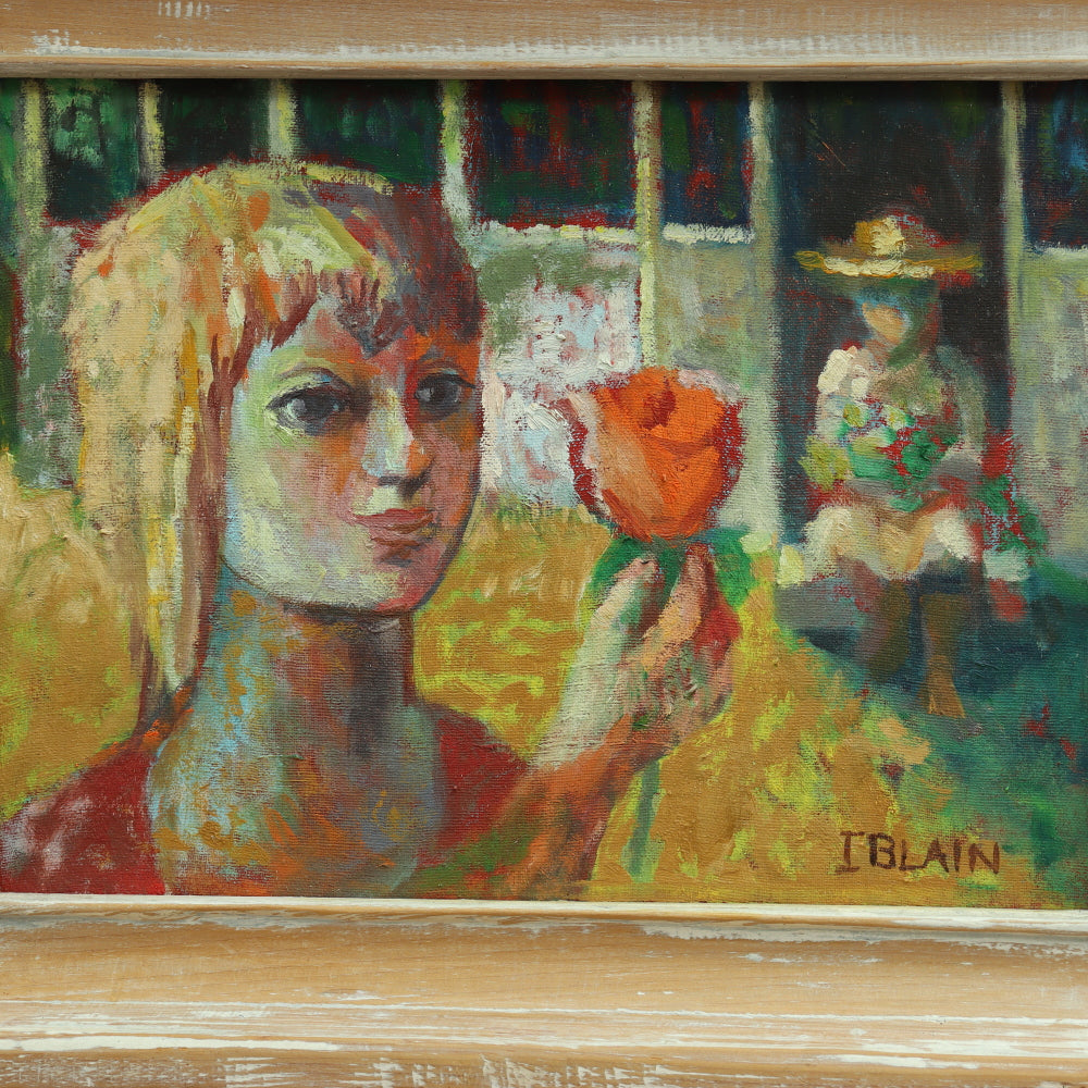 AW676: Circa 1970's English Oil Painting by Iris Blain of "Girl With Flower"