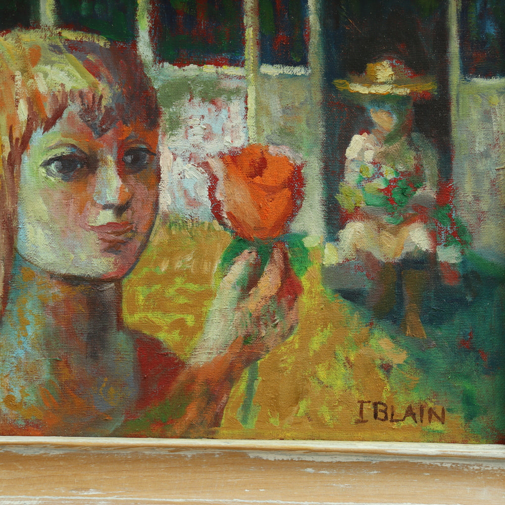 AW676: Circa 1970's English Oil Painting by Iris Blain of "Girl With Flower"