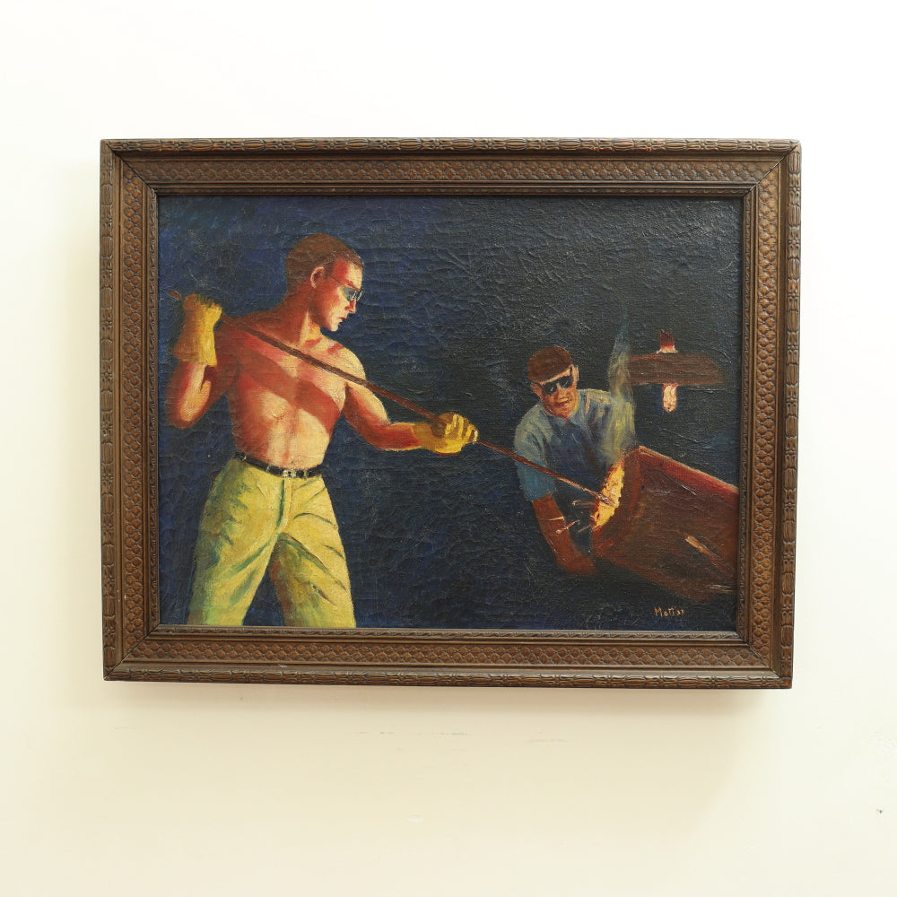 AW677: Circa 1933 WPA Oil on Canvas Painting of Glass Blowers - Signed "Mott"