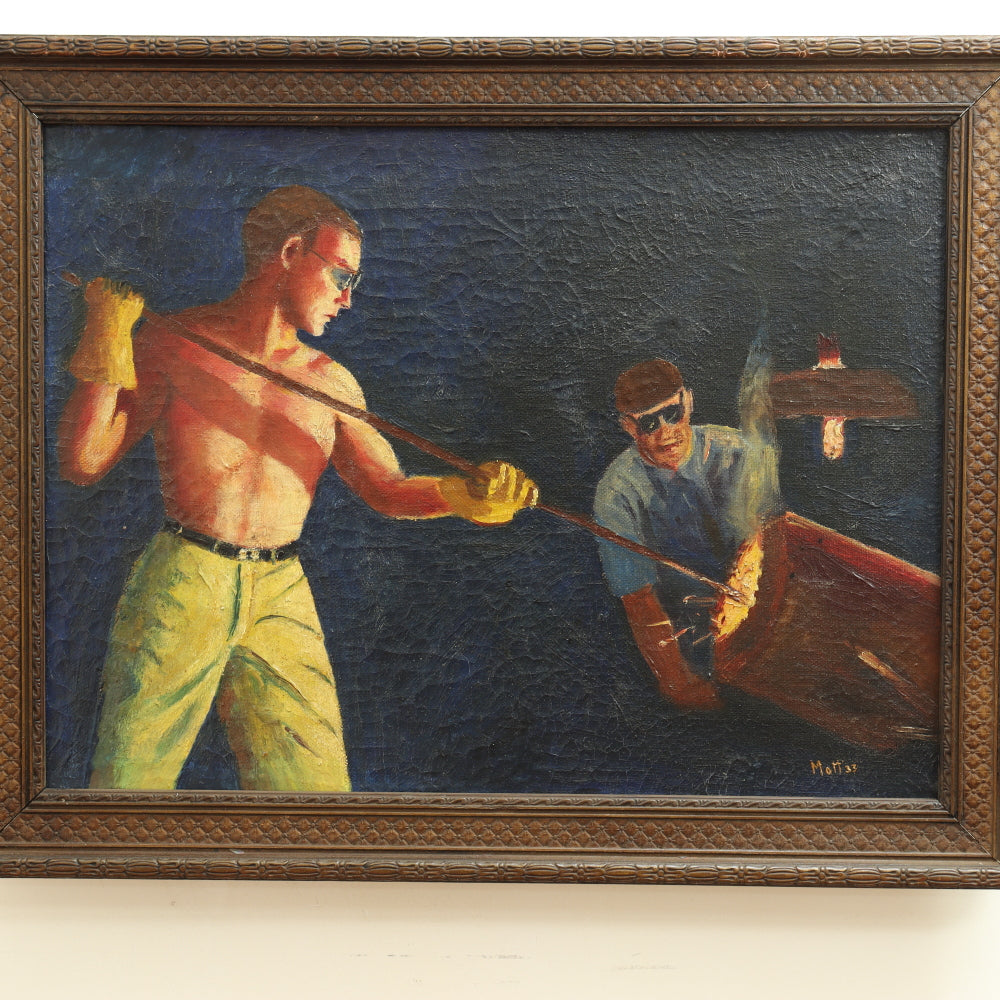 AW677: Circa 1933 WPA Oil on Canvas Painting of Glass Blowers - Signed "Mott"