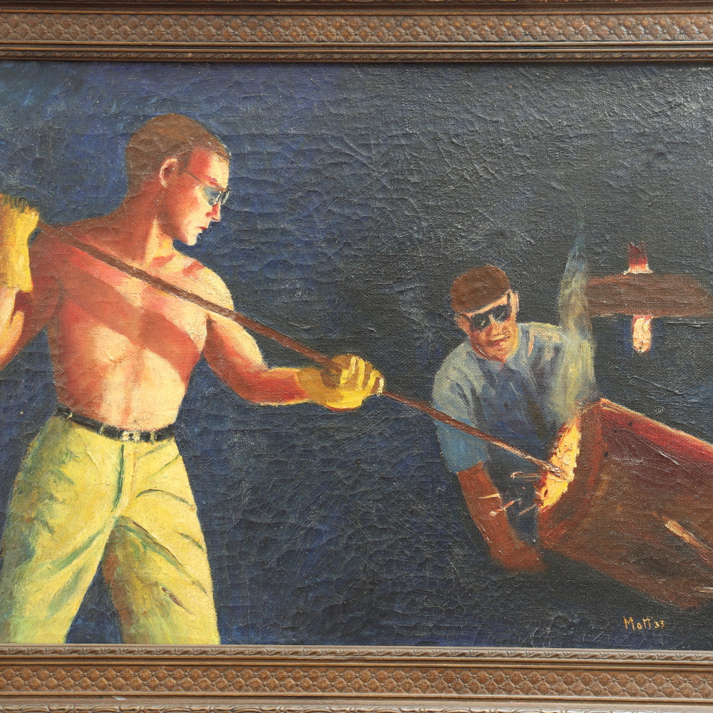 AW677: Circa 1933 WPA Oil on Canvas Painting of Glass Blowers - Signed "Mott"