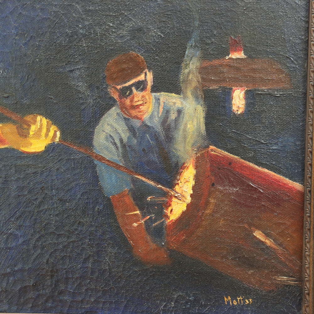 AW677: Circa 1933 WPA Oil on Canvas Painting of Glass Blowers - Signed "Mott"