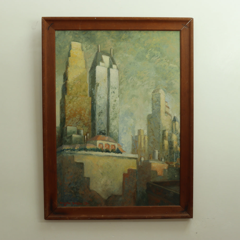 AW682: American School Modernist New York Skyline C 1934 Oil on Masonite