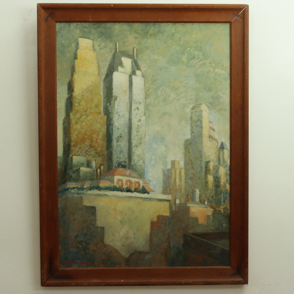 AW682: American School Modernist New York Skyline C 1934 Oil on Masonite