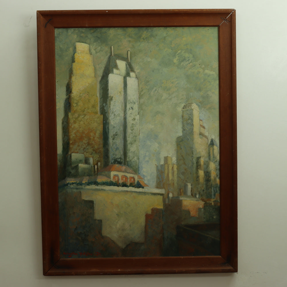 AW682: American School Modernist New York Skyline C 1934 Oil on Masonite