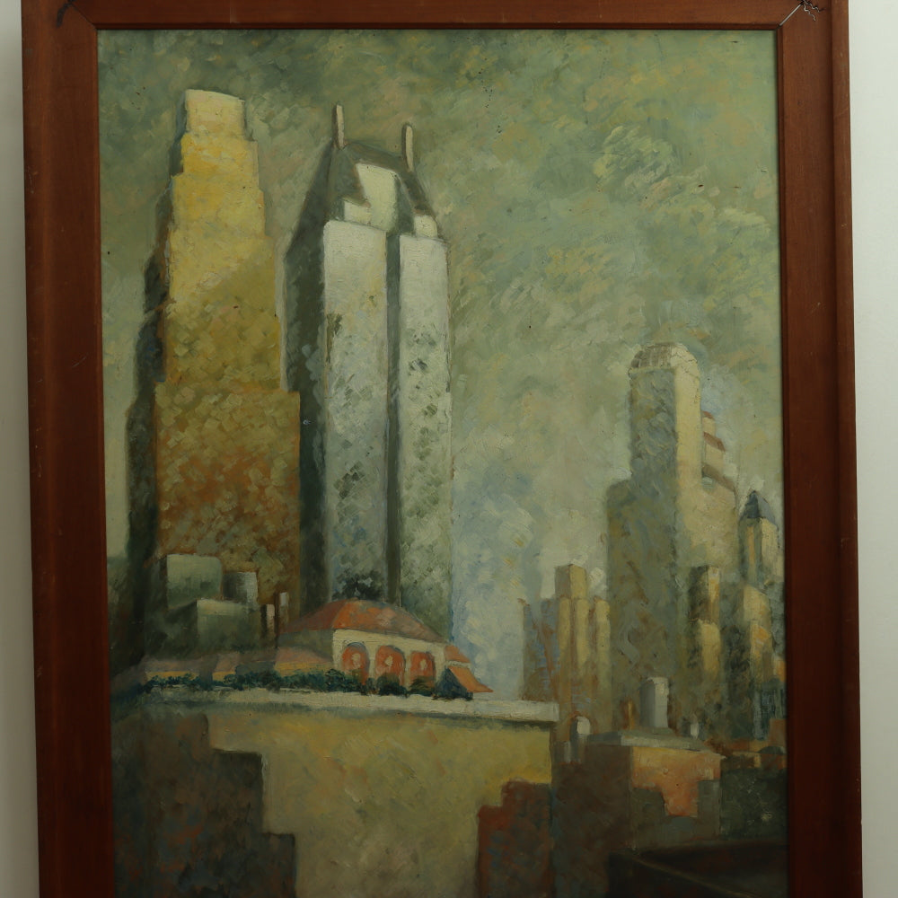 AW682: American School Modernist New York Skyline C 1934 Oil on Masonite