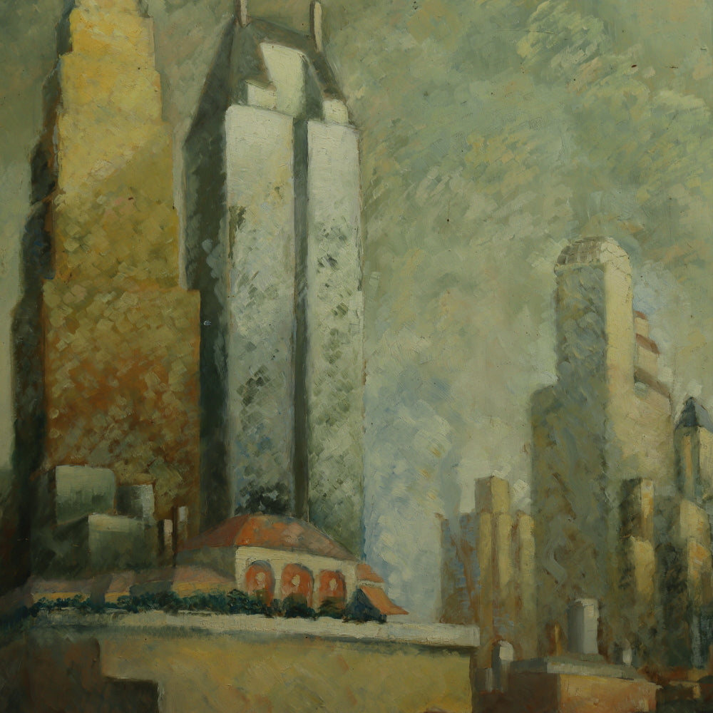 AW682: American School Modernist New York Skyline C 1934 Oil on Masonite