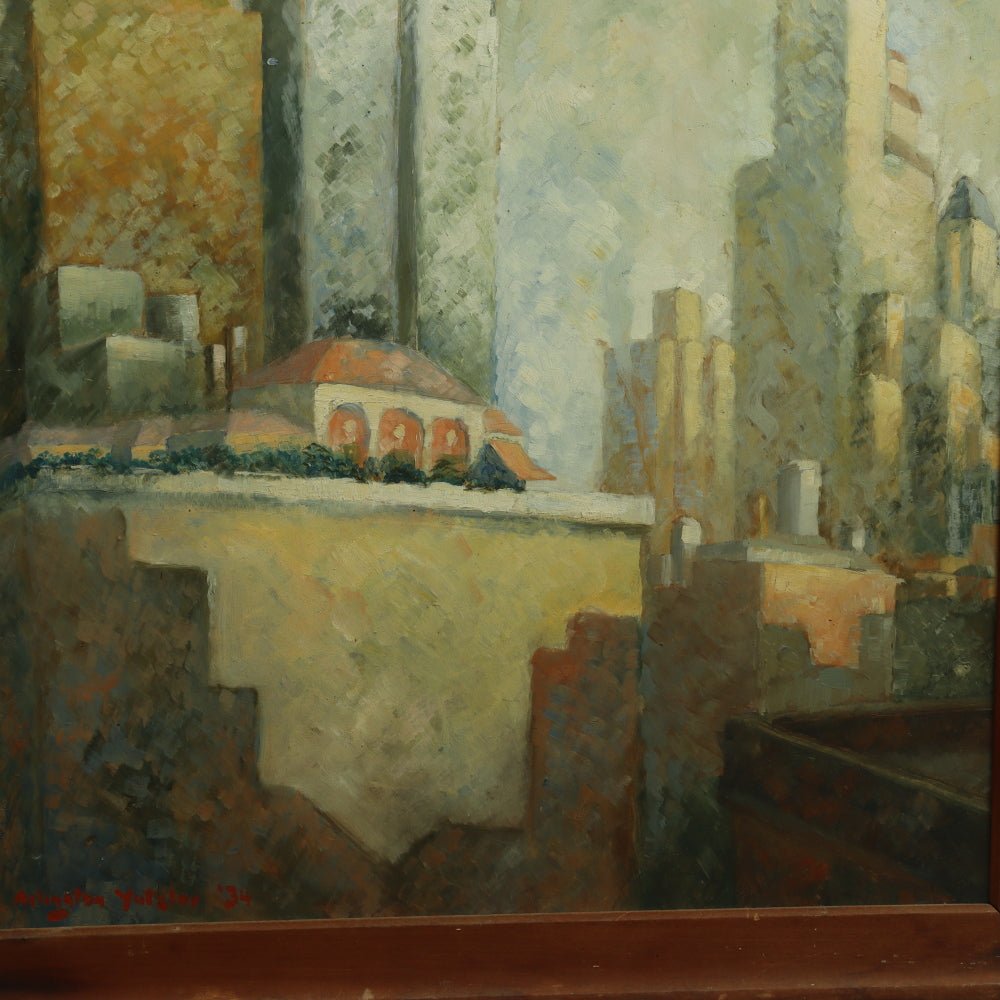 AW682: American School Modernist New York Skyline C 1934 Oil on Masonite