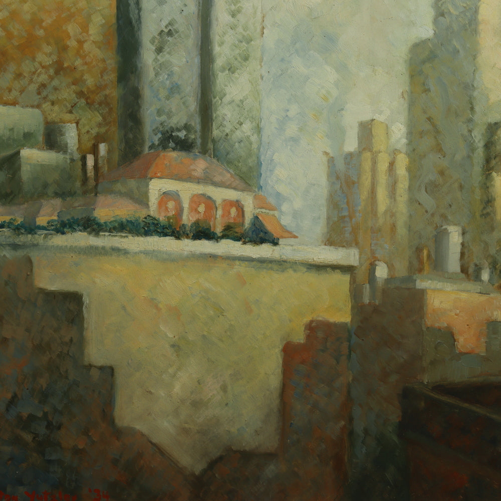 AW682: American School Modernist New York Skyline C 1934 Oil on Masonite