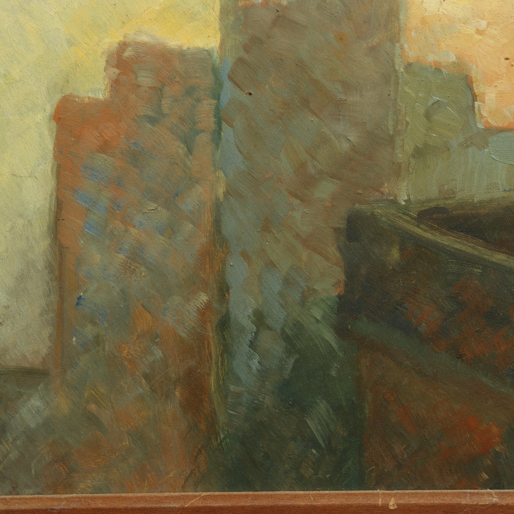 AW682: American School Modernist New York Skyline C 1934 Oil on Masonite